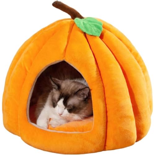 Pumpkin Cat Bed, Kürbis-Katzenbett, süßes Katzenhaus im Kürbisstil, Halloween Katzenhöhle, Flauschiges Katzenbett mit Abnehmbarem Kissen, Warme Schlafhöhle für Katzen und Kleine Hunde (Orange, S) von GUSHE