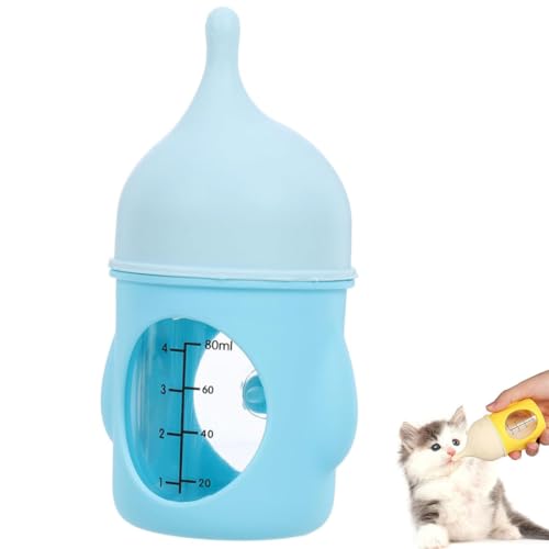 Visulong Leak-Proof Squeezable Kitten Bottle, Aufzuchtflasche Katze, Kätzchenflasche, Silikonflasche Welpenmilch, Babykätzchenflasche für Neugeborene Kätzchen Welpen und Kleintiere (Blau-80ML) von GUSHE