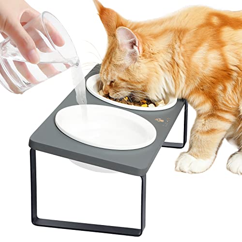 GUUSII HOME Futterstation Katzen Erhöht Katzen Fressnapf Katze Erhöht Ergonomischer Katzennapf Erhöht Keramik Napf Katzennapf Erhöht Katzen Futternapf Katze Fressnapf Katze Holz Keramik (Grau) von GUUSII HOME