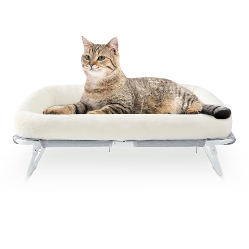 GUUSII HOME Erhöhtes Katzenbett Katzenhängematte Große Freistehende Katzen Bett Hundebett für Kleine Hunde Haustier Katzensofa mit Metallstützrahmen Katzenliege Couch 64X40X19cm（Weiß） von GUUSII HOME