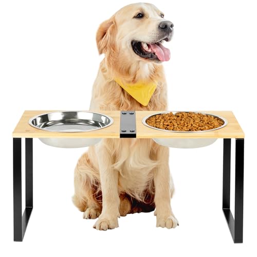 GUUSII HOME Hundenapf Erhöht Futternapf Grosse Hunde Mittlere Erhöhter Fressnapf Hund Groß Edelstahl Napfset 1500ml Futterstation Ständer Holz 57.5*24*29cm für Mittelgroße Haustiere Einfache Montage von GUUSII HOME