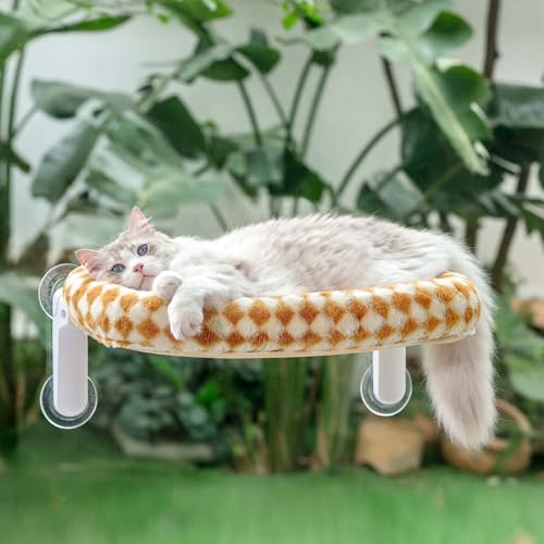 GUUSII HOME Katzen Fensterliege Faltbar Katzenbett Fenster Katzenliege Fensterbank Hängematte 4 Saugnäpfen Fensterbrettauflage Fensterscheibe Maschinenwaschbar Weicher Plüsch 54 * 30cm (Braun, M) von GUUSII HOME