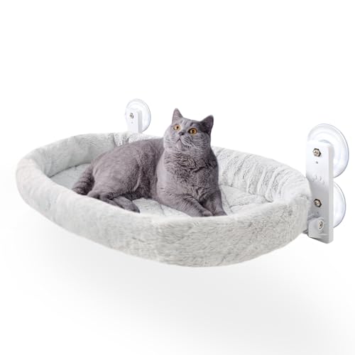 GUUSII HOME Fensterliege für Katzen Katzenbett Fenster Hängematte Katzenhängematte Katze Fensterbank Katzenliege Klappbar Fensterliegeplatz Fensterhängematte Katzenhängebett Bis zu 18kg (Grau, M) von GUUSII HOME