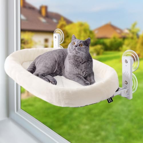 GUUSII HOME Fensterliege für Katzen Katzenbett Fenster Hängematte Katzenhängematte Katze Fensterbank Katzenliege Klappbar Fensterliegeplatz Fensterhängematte Katzenhängebett Bis zu 18kg (Weiß, M) von GUUSII HOME
