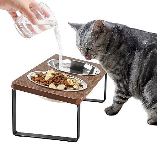 GUUSII HOME Katzennapf Erhöht|Fressnapf Futternapf Katze Edelstahl|Napf Erhöhte Futternäpfe für Katzen|Ergonomische Katzennäpfe|Katze Futterstation|Katzen Futternapf Anti Erbrechen(Braun) von GUUSII HOME