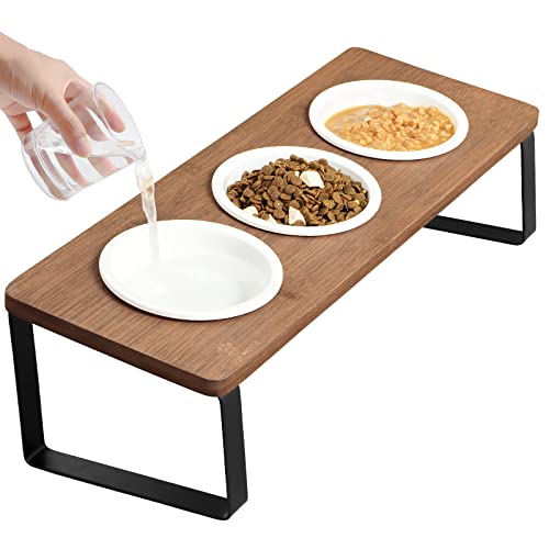 GUUSII HOME Katzennapf Erhöht Futternapf Katze Futterstation, Keramik Napf, Fressnapf 3er Set Holz, Cat Bowl Ø12cm Ergonomischer Katzennäpfe 3 Teilig Katzenfressnapf (Braun) von GUUSII HOME