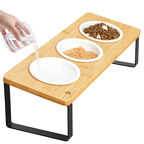 GUUSII HOME Katzennapf Erhöht Futternapf Futterstation Katzen Keramik Napf Fressnapf 3er Set Holz Cat Bowl Ø12cm Ergonomischer 3 Teilig Katzenfressnapf von GUUSII HOME