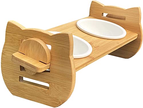 Bambus Foodbar für Katzen um 15° geneigt und 5-12.5cm erhöht | Ergonomischer Katzennapf Keramik Napf Katze erhöht und ergonomisch geneigt | Katzen Futternapf Katze erhöht von GUUSII HOME