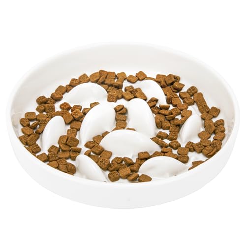 GUWINA Keramik Anti Schling Napf Katze, 16 cm Breite Antischlingnapf Katze für Trockenfutter und Nassfutter, Flache Slow Feeder für Katzen und Kleine Hunde, Spülmaschinenfest (Weiß) von GUWINA