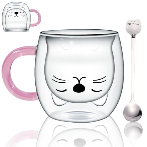 GYHWOFUL Lila Katze Glas Tasse mit Cat Löffel, Süße Doppelwandige Katzenbecher- Hitzebeständig & Eisbestandig, Kawaii Geschenke für Frauen, Geschenke für Katzenliebhaber, für Latte Macchiato, Milch von GYHWOFUL