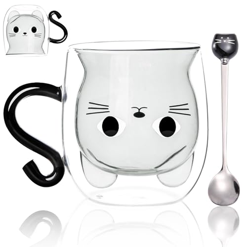 GYHWOFUL Schwarz Katze Glas Tasse mit Cat Löffel, Süße Doppelwandige Katzenbecher- Hitzebeständig & Eisbestandig, Kawaii Geschenke für Frauen, Geschenke für Katzenliebhaber, für Latte Macchiato, Milch von GYHWOFUL