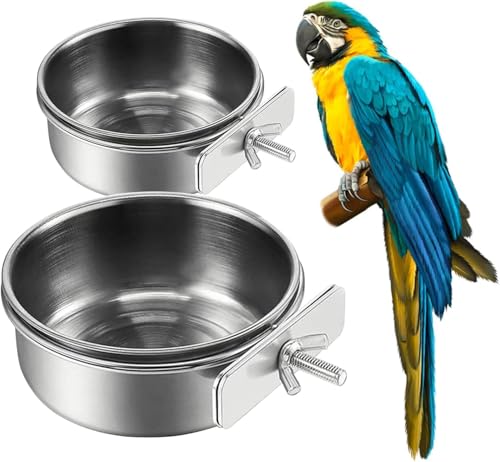 2 x Edelstahl-Vogel-Futternäpfe, kleiner Vogel-Futterbecher, Edelstahl-Papageien-Futternapf, Käfig mit Halter, Papageienkäfig, Wasser-Futterspender, Haustierkäfig-Becherhalter (2 Stück) von GYJZZW