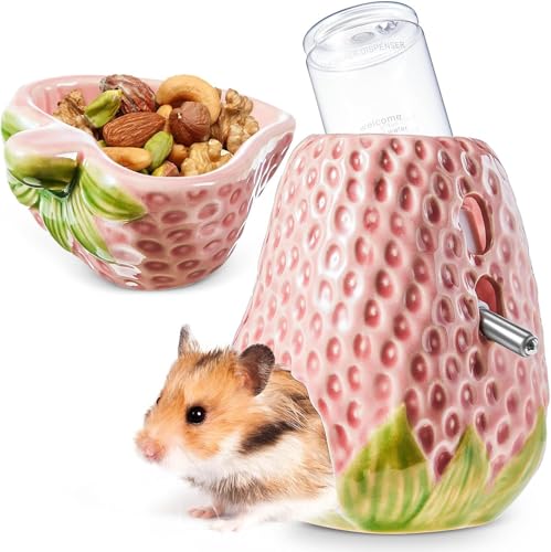 3-in-1 Hamster-Wasserflasche und Napf-Set, Erdbeer-Rennmaus, Keramik-Wasserflaschenhalter für Glastank, 80 ml, mit verstecktem Boden und Keramik-Haustierfutterschalen für Zwergenrennmäuse (A1) von GYJZZW