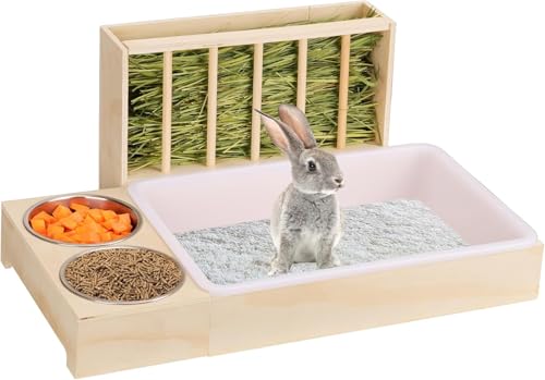 3 in 1 Kaninchentoilette mit Heufutterstation und Schalen - Holz Kaninchen Heu-Futterstation für Meerschweinchen, Hamster, Kleintiere (A1) von GYJZZW