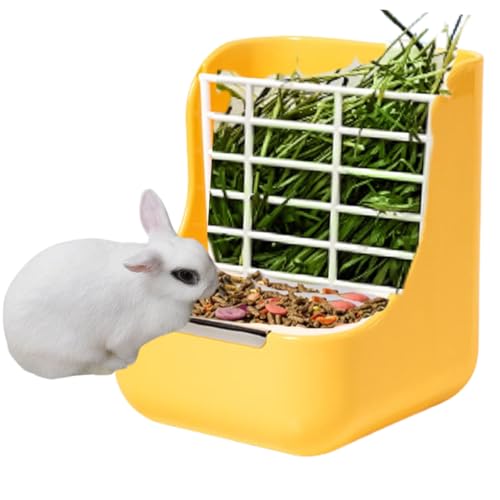 Futterspender für Kaninchen, Heu, Meerschweinchen, 2-in-1, automatischer Futternapf für Kleintiere, Zubehör, 15 cm L x 17 cm B x 18 cm H (Gelb) von GYJZZW