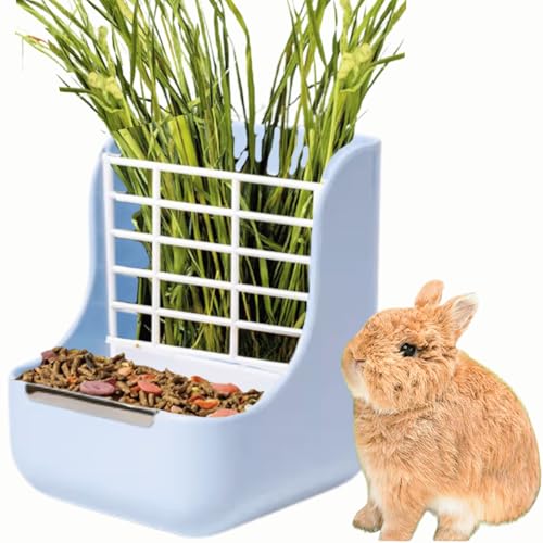 Futterspender für Kaninchen, Heu, Meerschweinchen, 2-in-1, automatischer Futternapf für Kleintiere, Zubehör, 15 cm L x 17 cm B x 18 cm H (blau) von GYJZZW