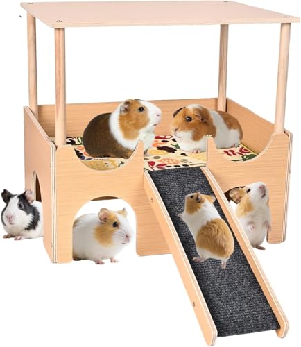 Großes Meerschweinchenversteck aus Holz, 2-stöckiges Meerschweinchenschloss mit rutschfester Treppe und doppelseitiger Matte, Multi-Höhlen-Design Kleintierhaus für Zwerghamster, Zuckergleiter (A1) von GYJZZW