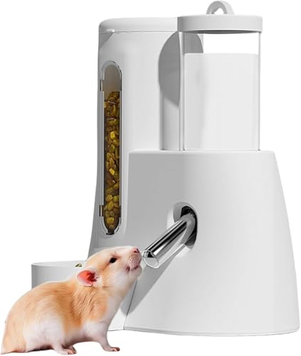Hamster Wasserflasche, 2 in 1 Automatischer Wasserspender mit Futterbehälter, Kein Tropfen Kleintier Trinkflasche Käfig Zubehör für Zwerghamster Eichhörnchen Igel (Weiß) von GYJZZW