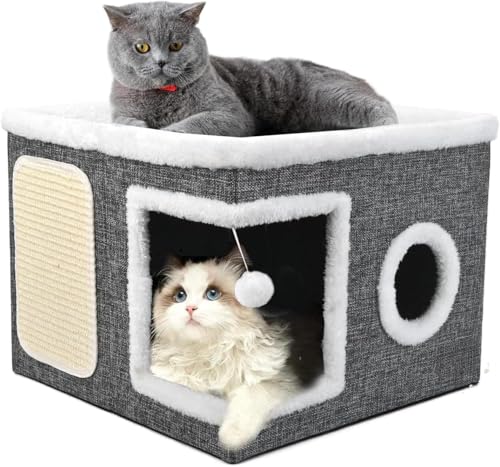 Katzenhaus für den Innenbereich, Doppelzweck-Höhlenbett mit Kratzunterlage und flauschigem Ball, faltbar, niedliche Katzenhaus-Möbel für mehrere kleine Haustiere, Kätzchen, Grau, Einzelbett von GYJZZW
