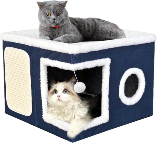 Katzenhaus für den Innenbereich, Doppelzweck-Höhlenbett mit Kratzunterlage und flauschigem Ball, faltbar, niedliche Katzenhöhle für mehrere kleine Haustiere, Kätzchen, Blau, Einzelbett von GYJZZW