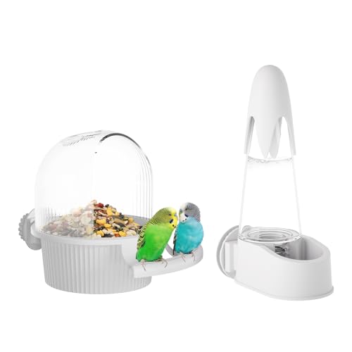 No Mess Vogelfutterspender Wasserspender Set, Automatische Hydration, Vogelkäfig Zubehör für Nymphensittiche, Papageien, Lovebirds Finken, Wellensittiche und andere kleine bis mittelgroße Vögel (Weiß von GYJZZW