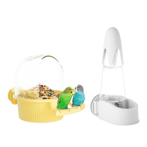 No Mess Vogelfutterspender Wasserspender Set, Automatische Hydration, Vogelkäfig Zubehör für Nymphensittiche, Papageien, Lovebirds Finken, Wellensittiche und andere kleine bis mittelgroße Vögel (Gelb von GYJZZW
