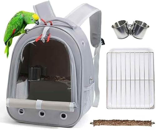 Transportkäfig für Vögel, mehrere Belüftungslöcher, transparenter Raumkapsel-Astronauten-Rucksack zum Tragen von Sittichen, Nymphensittichen, Papageien, mit Metallschale, Holzstange von GYJZZW