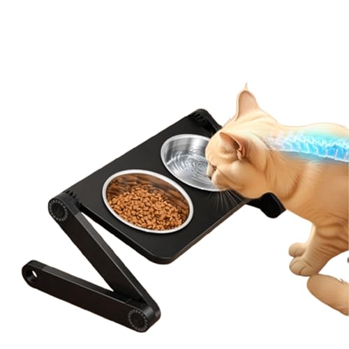 Verstellbare Höhe & Winkel Erhöhte Katzennäpfe und kleiner erhöhter Hundenapf mit 2 abnehmbaren Edelstahlnäpfen - Faltbare erhöhte Futterstation für Nackenentlastung (Schwarz) von GYJZZW
