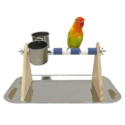 Vogel-Trainingsständer, Tisch-Vogelsitzstange mit Edelstahl-Futterschalen, Sitzstange, Papageien-Training, Spielplatz, Papageienkäfig, Spielzeug, Zubehör für kleine Sittiche (Blau, mit Tablett) von GYJZZW