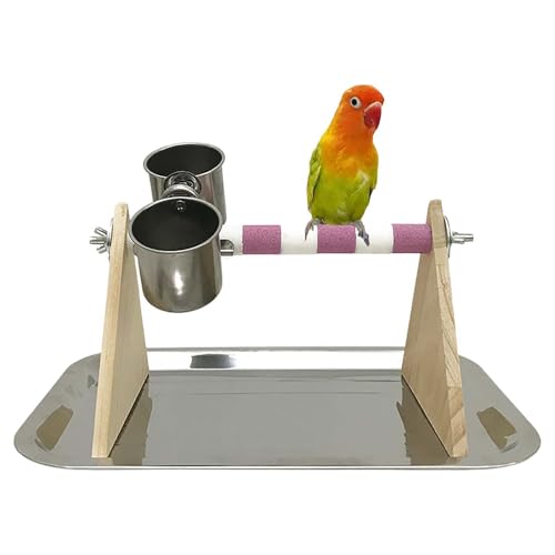 Vogel-Trainingsständer, Tisch-Vogelsitzstange mit Edelstahl-Futterschalen, Sitzstange, Papageien-Training, Spielplatz, Papageienkäfig, Spielzeug, Zubehör für kleine Sittiche (Rosa, mit Tablett) von GYJZZW