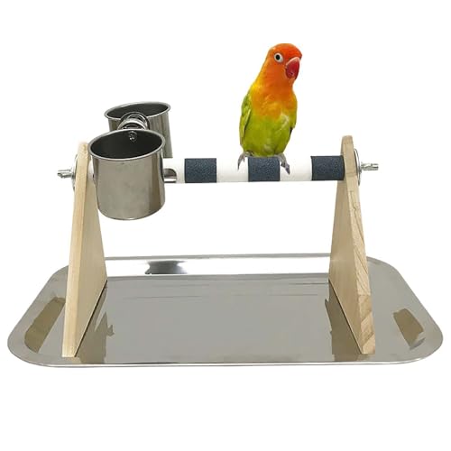 Vogel-Trainingsständer, Tisch-Vogelsitzstange mit Edelstahl-Futterschalen, Sitzstange, Papageien-Training, Spielplatz, Papageienkäfig, Spielzeug, Zubehör für kleine Sittiche (grau, mit Tablett) von GYJZZW