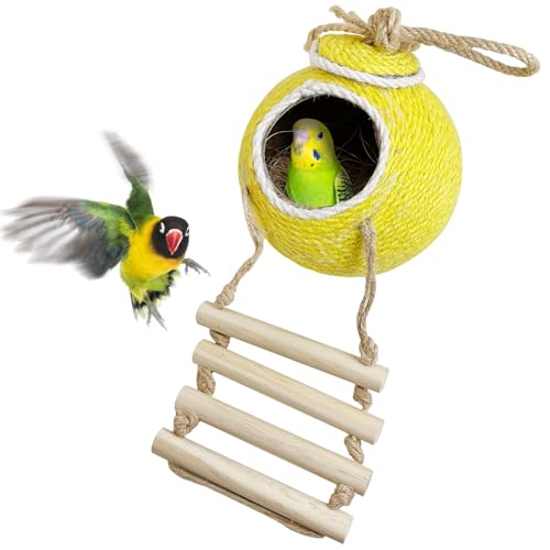 Vogelhaus-Käfig aus natürlicher Kokosfaser zum Aufhängen, mit Leiter, handgefertigtes Sisalseil und Kokosnuss-Vogelschalen-Brutnest für Papageien, Sittiche, Lovebird, Finken, Kanarienvögel, Gelb Vogelhaus-Käfig aus natürlicher Kokosfaser zum Aufhängen, mit Leiter, handgefertigtes Sisalseil und Kokosnuss-Vogelschalen-Brutnest für Papageien, Sittiche, Lovebird, Finken, Kanarienvögel, Gelb von GYJZZW
