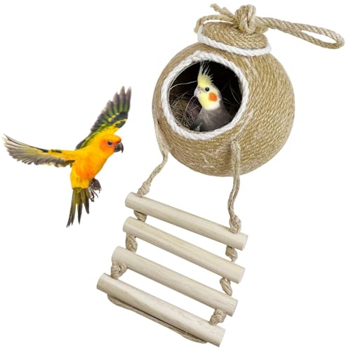 Vogelhauskäfig aus natürlicher Kokosfaser zum Aufhängen, mit Leiter, handgefertigtes Sisalseil und Kokosnuss-Vogelschale, Brutnest für Papageien, Sittiche, Lovebird, Finken, Kanarienvögel, Braun Vogelhauskäfig aus natürlicher Kokosfaser zum Aufhängen, mit Leiter, handgefertigtes Sisalseil und Kokosnuss-Vogelschale, Brutnest für Papageien, Sittiche, Lovebird, Finken, Kanarienvögel, Braun von GYJZZW