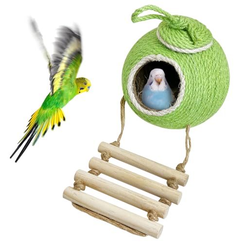 Vogelhauskäfig aus natürlicher Kokosfaser zum Aufhängen, mit Leiter, handgefertigtes Sisalseil und Kokosnuss-Vogelschale, Brutnest für Papageien, Sittiche, Lovebird, Finken, Kanarienvögel, Grün Vogelhauskäfig aus natürlicher Kokosfaser zum Aufhängen, mit Leiter, handgefertigtes Sisalseil und Kokosnuss-Vogelschale, Brutnest für Papageien, Sittiche, Lovebird, Finken, Kanarienvögel, Grün von GYJZZW