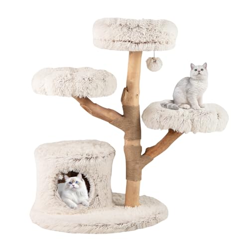 GYMAX 102 cm Kratzbaum Holz, Katzenturm mit Katzenhöhle, 2 Plüschsitzflächen in Blumenform, Katzenkratzbaum mit Juteseil & Spielball, Katzenmöbel, Kletterbaum mehrstöckig, Weiß von GYMAX