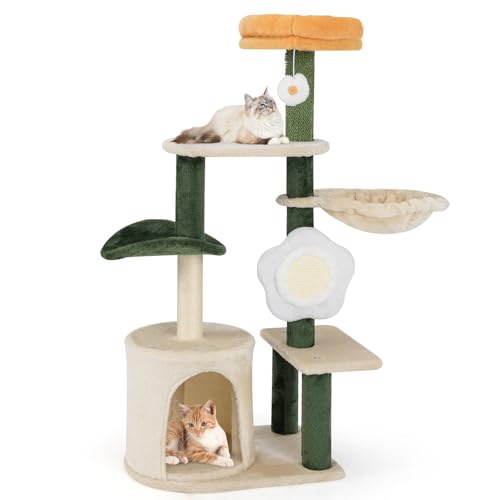 GYMAX 114 cm hoher Katzenbaum, Kratzbaum mit gemütliche Höhle, Sisalstamm & Polster, Katzenkratzbaum mit hängendem Spielzeug, Blumen-Mehrstöckiges Aktivitätszentrum, Kletterbaum für Wohnzimmer GYMAX 114 cm hoher Katzenbaum, Kratzbaum mit gemütliche Höhle, Sisalstamm & Polster, Katzenkratzbaum mit hängendem Spielzeug, Blumen-Mehrstöckiges Aktivitätszentrum, Kletterbaum für Wohnzimmer von GYMAX