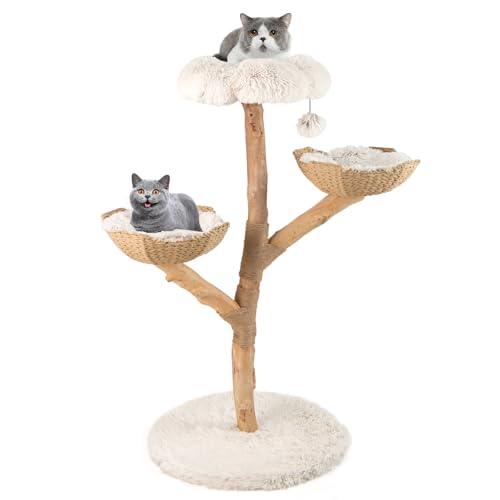 GYMAX 122 cm Kratzbaum Holz, modern Katzenkratzbaum mit blumenförmiger Sitzstange, 2 geflochtenen Körben, Jute-Kratzpfosten & Plüschball, mehrstufiger Katzenbaum, Beige von GYMAX