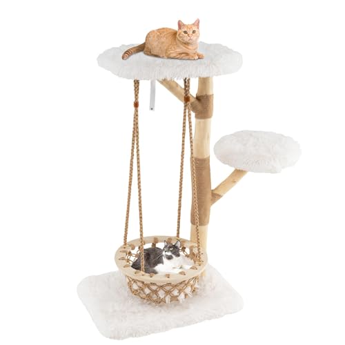 GYMAX 123 cm Kratzbaum groß, Katzenbaum aus Birnenholz mit Schaukel Hängematte, 2 Plattform, Plüschsitzfläche & Sisalstämme, mehrstöckiger katzenkratzbaum für Katzen von GYMAX