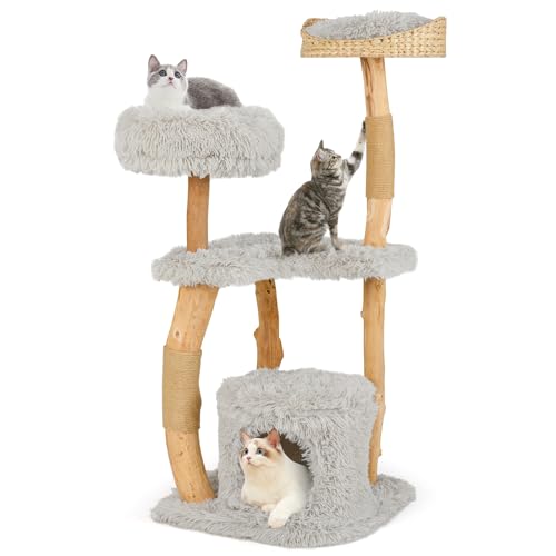 GYMAX 124 cm mehrschichtiger Kratzbaum, Katzenturm aus massivem Holz mit Plattformen & Katzenhöhle, Kletterbaum für Katzen, Aktivitätszentrum aus Naturzweigen, Kratzpfosten aus Jute, grau GYMAX 124 cm mehrschichtiger Kratzbaum, Katzenturm aus massivem Holz mit Plattformen & Katzenhöhle, Kletterbaum für Katzen, Aktivitätszentrum aus Naturzweigen, Kratzpfosten aus Jute, grau von GYMAX