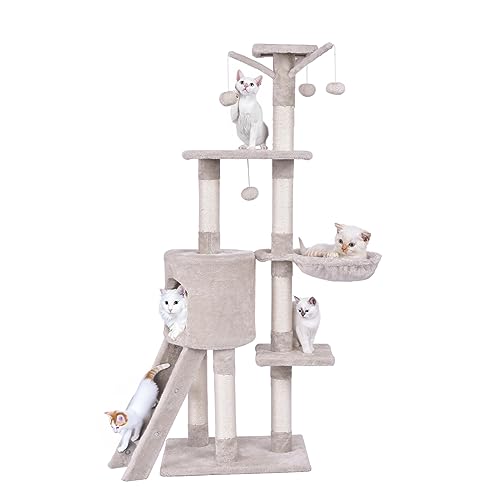 GYMAX 140cm Kratzbaum, mehrstufiger Katzenkratzbaum mit 3 Plattformen, Katzenhöhle, Leiter, Plüschball, Kletterbaum mit Säulen natürlichem Sisal, Aktivitätsbaum, Katzenspielzeug, Beige GYMAX 140cm Kratzbaum, mehrstufiger Katzenkratzbaum mit 3 Plattformen, Katzenhöhle, Leiter, Plüschball, Kletterbaum mit Säulen natürlichem Sisal, Aktivitätsbaum, Katzenspielzeug, Beige von GYMAX