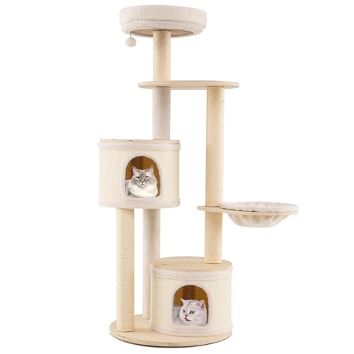 GYMAX 143 cm Kratzbaum Holz, Katzenbaum Groß mit Hängematte, 2 Katzenhöhle, Kratzstammpfähle aus Sisal, Spielball & Abnehmbares Kissen, Aktivitätsbaum Mehrstöckig, Katzen Katzenmöbel, Beige von GYMAX