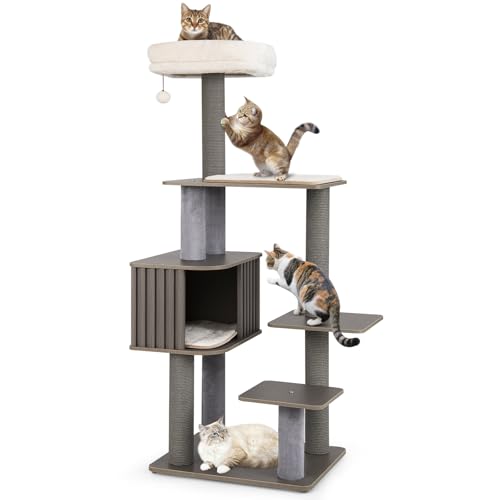 GYMAX 151 cm Kratzbaum groß, mehrstöckiger Katzenbaum mit Plattformen, abnehmbare Kissen, Katzenhöhle & Sisalstämme, Katzenturm Kletterbaum, Grau von GYMAX