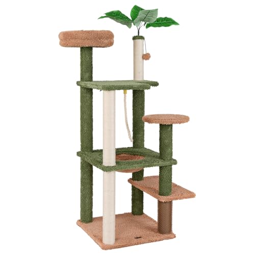 GYMAX 152 cm Kratzbaum, mehrstufiger Katzenbaum mit plüschigem Plattformen, Sisal-Pfosten & Seil, Kletterbaum mit hängendem Ball & künstlichen grünen Blättern, Katzenkratzbaum für Katzen GYMAX 152 cm Kratzbaum, mehrstufiger Katzenbaum mit plüschigem Plattformen, Sisal-Pfosten & Seil, Kletterbaum mit hängendem Ball & künstlichen grünen Blättern, Katzenkratzbaum für Katzen von GYMAX
