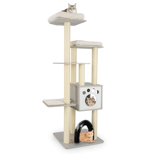 GYMAX Holz Katzenbaum, 6 Ebenen Katzenkratzbaum mit Katzenhaus & Sisalstämmen & abnehmbarem Kissen & Liegefläche & Katzenkamm, 176 cm großes Katzenmöbel, Kletterbaum, Grau von GYMAX