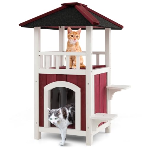 GYMAX 2 Ebenen Katzenhaus aus Holz, wetterfester Katzenhöhle mit Balkon & 2 Plattformen, Haustierhaus zum Spielen & Ausruhen, katzenbett für Katzen, 58 cm x 50 cm x 87 cm GYMAX 2 Ebenen Katzenhaus aus Holz, wetterfester Katzenhöhle mit Balkon & 2 Plattformen, Haustierhaus zum Spielen & Ausruhen, katzenbett für Katzen, 58 cm x 50 cm x 87 cm von GYMAX