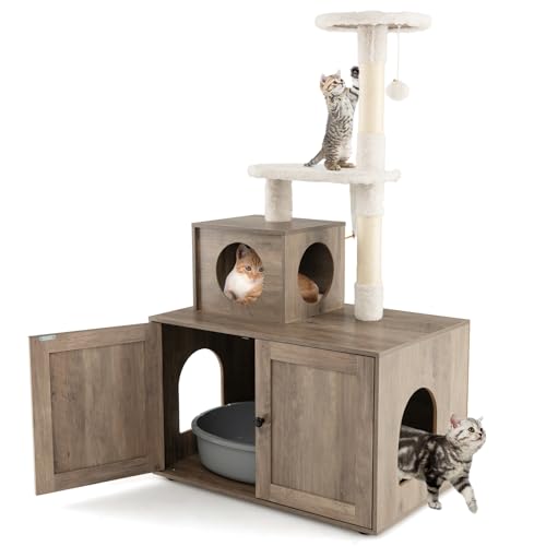 GYMAX 2-in-1 Kratzbaum 132 cm, multifunktionaler Katzenbaum mit Katzentoilette, Katzenschrank mit Katzenhaus, Kletterbaum, Katzenkratzbaum mit Plattform, Sisal-Kratzpfosten & hängendem Ball (Grau) von GYMAX