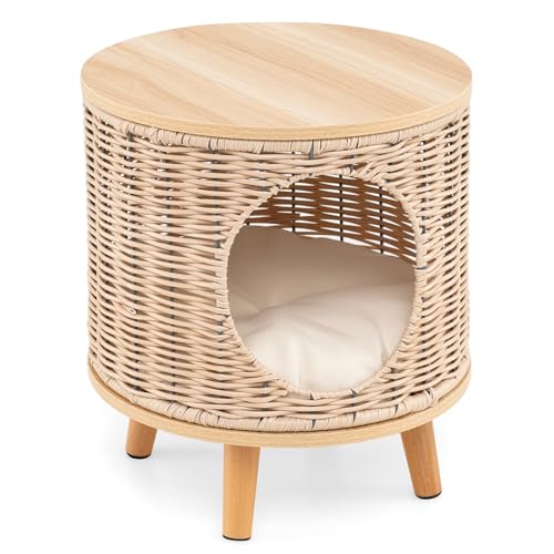 GYMAX 3-in-1 Katzenhöhle aus Rattan, Katzenhaus mit Hevea-Holzfüßen, Abnehmbarem Kissen für Katzen bis 30 kg, Umwandelbares Katzenbett in Hocker/Pouf, Ø36 x 41 cm von GYMAX