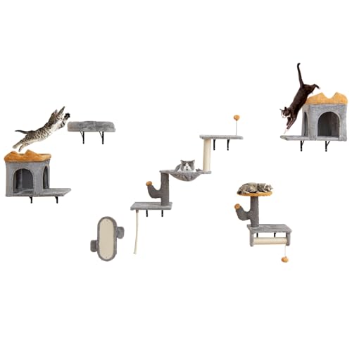 GYMAX 6 PCS Hohe Katzenkletterwand-Set, Kletterwand Katzen mit 2-Ebenen-Plattform, 2 Katzenhöhlen, Katzenhängematte & hängendem Ball, Kratzbaum groß mit Sisal-Kratzbrett für Katzen GYMAX 6 PCS Hohe Katzenkletterwand-Set, Kletterwand Katzen mit 2-Ebenen-Plattform, 2 Katzenhöhlen, Katzenhängematte & hängendem Ball, Kratzbaum groß mit Sisal-Kratzbrett für Katzen von GYMAX
