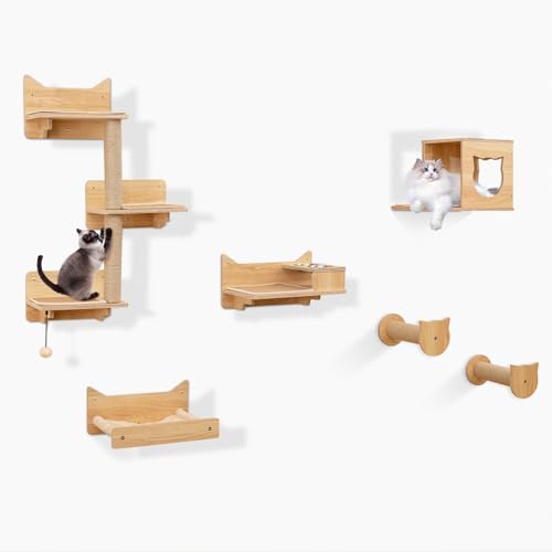 GYMAX 6 PCS Katzen Kletterwand Set, Katzen Wandregale mit Hängematte, 3-stufiger Sprungturm, 2 Kratzsäulen, Katzenhaus, Futter- & Wasserplattform, Katzenkletterwand Holz, Natur von GYMAX