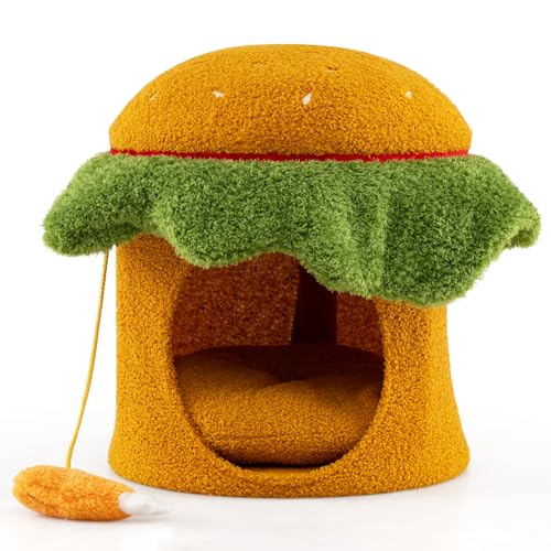 GYMAX Burgerform Katzenhaus, Katzenhöhle mit gepolsterte obere Stange, interaktives Spielzeug, abnehmbares & waschbares Kissen, Katzen Höhle Katzenbett Kätzchennest für Innenkatzen GYMAX Burgerform Katzenhaus, Katzenhöhle mit gepolsterte obere Stange, interaktives Spielzeug, abnehmbares & waschbares Kissen, Katzen Höhle Katzenbett Kätzchennest für Innenkatzen von GYMAX